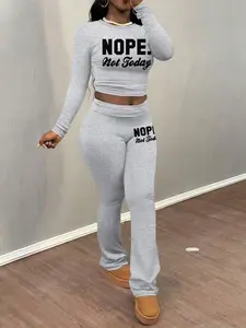 Women's Letter Print Fitted Crop Tee & Elastic Waist Flare Leg Pants Two-Piece Set, Casual Round Neck Long Sleeve Top & Bell Bottom Trousers for Fall & Winter, Women's Clothes for Daily Wear, Womenswear