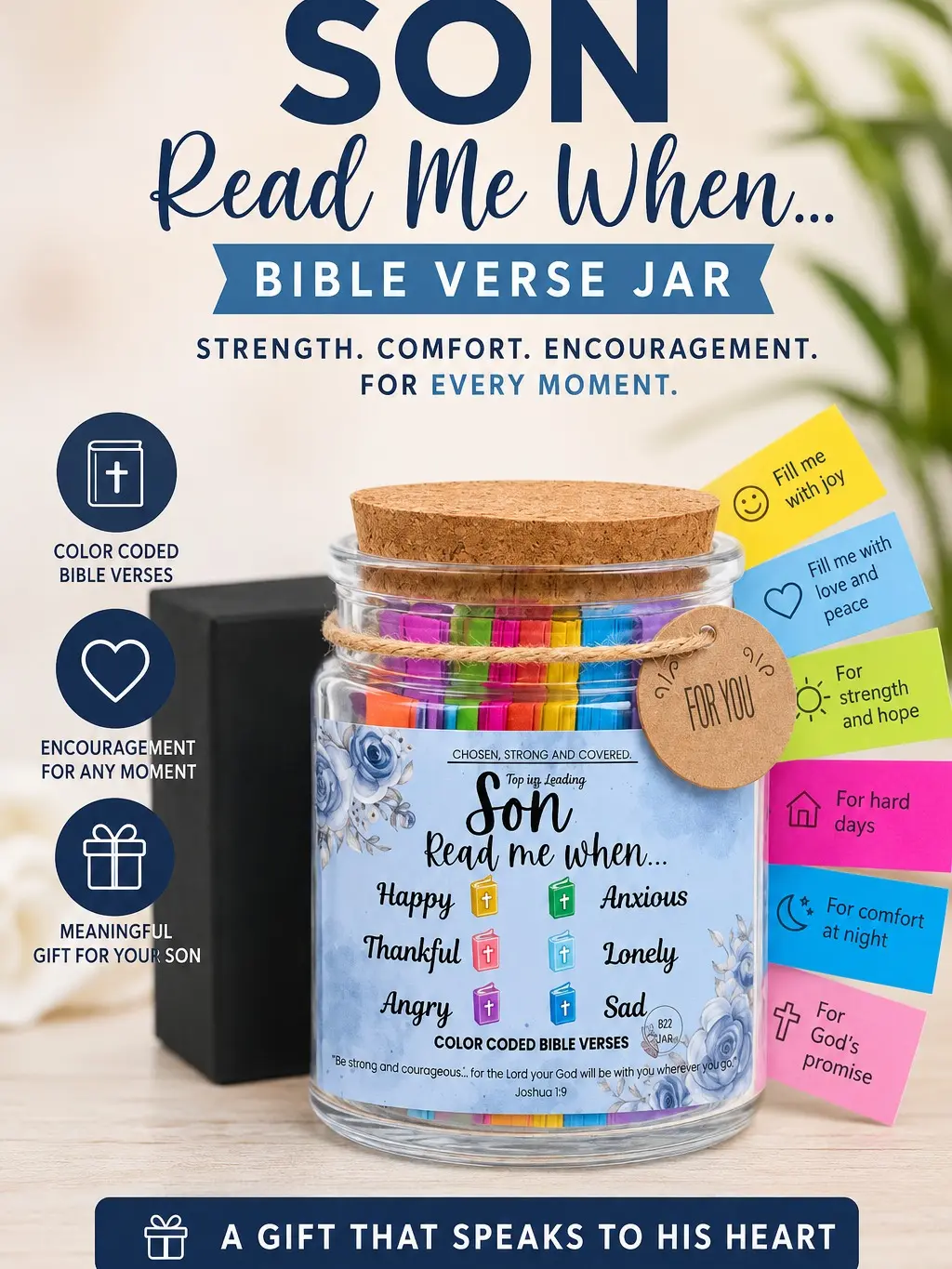Read Me When Bible Verses Jar for Son – Scripture Cards with Bible Verses, Christian Gifts for Men, Prayer Cards, Bible Jar, Religious Gift, Encouragement Keepsake, Graduation Gift for Son