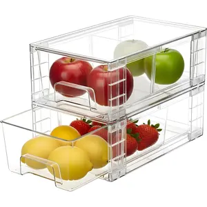 2 Pack Stackable Plastic Storage Drawers Organizer Bins with Handles and Movable Dividers for Fridge Bathroom Pantry Kitchen Cabinets Under Sink Organization and Storage