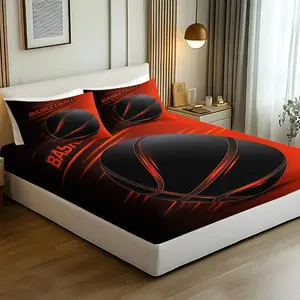 Fitted Sheet 3pcs Set: Basketball Theme Fitted Sheet Set, 1 Fitted Sheet + 2 Pillowcases. Vibrant Red & Black Graphic Design. Premium Soft Fabric, Durable & Breathable. Modern Sports-Inspired Bedroom Decor. Stylish Bedding Upgrade. No Filling.