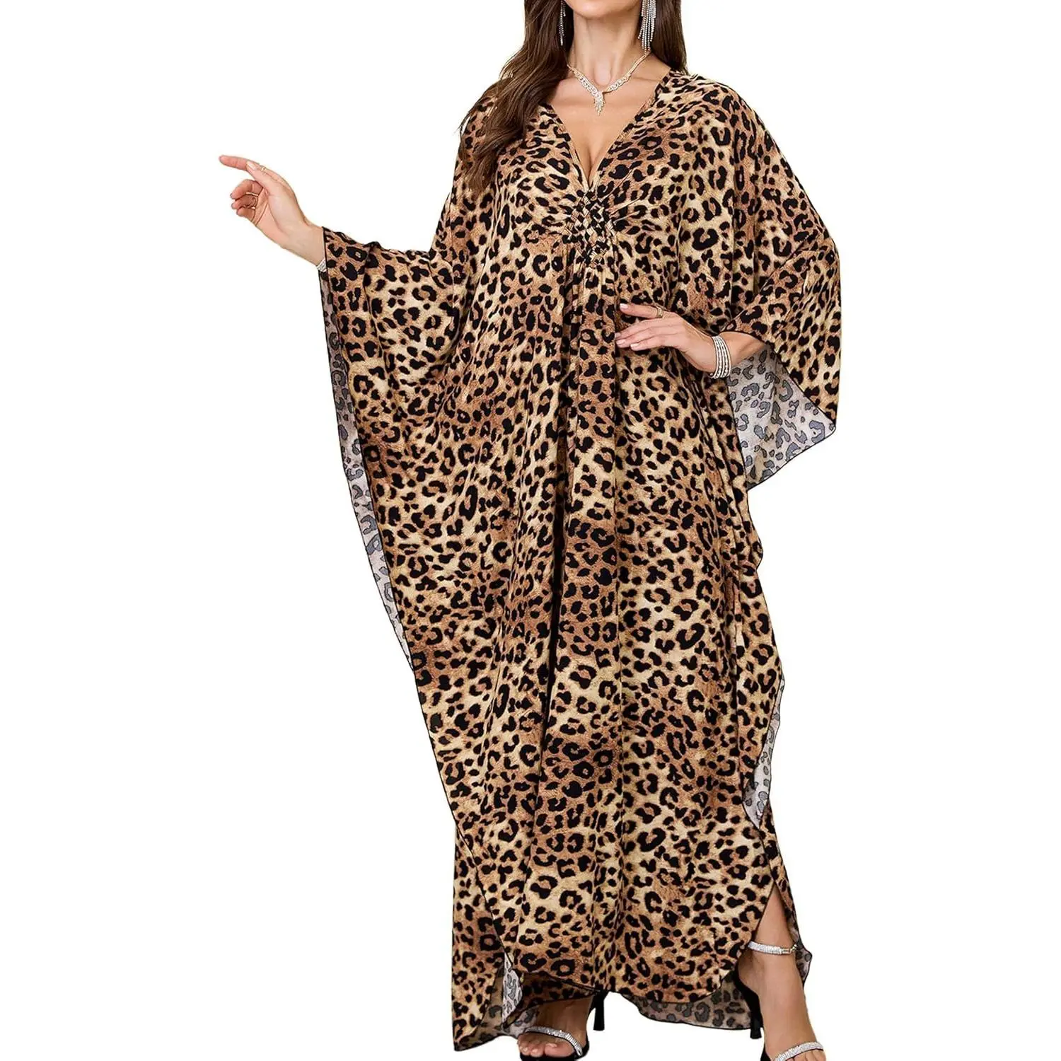 Women's Plus Size V-Neck Batwing Sleeve Floral Print Kaftan Dress, Summer Beach Cover-Up for Swimsuit (Sports & Outdoor Accessories)