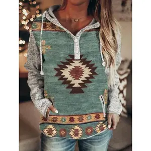 Women’s Western Ethnic Print Pullover Hoodie, Casual Vintage Style Plush Warm Sweatshirt, Ladies Fashion Top for Fall & Winter