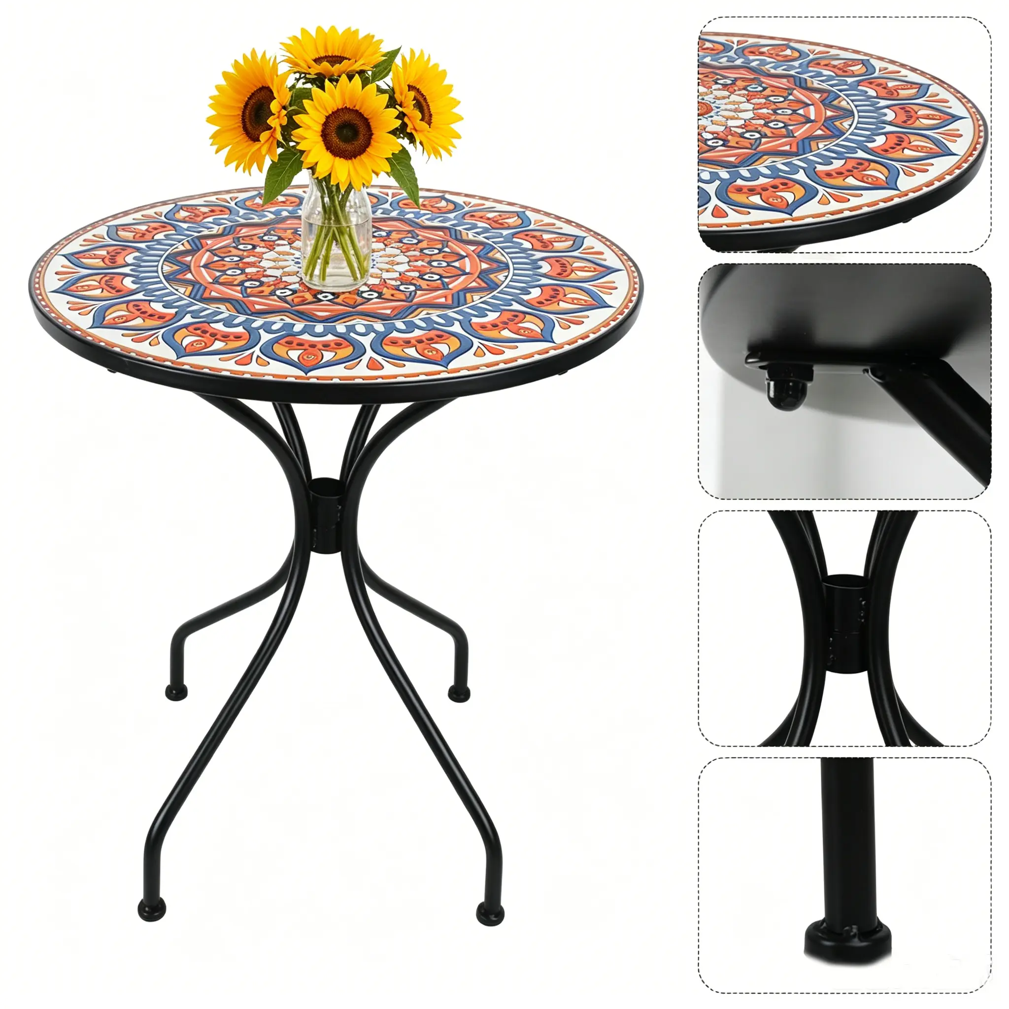 Round Mosaic Side Table Foldable Metal Frame Accent Table Boho Mandala Pattern Small Coffee Table for Patio Porch Bedroom Balcony Indoor Outdoor Decor