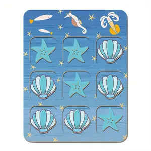 Summer Ocean theme Wooden Tic Tac Toe Family Board Games Holiday Wedding Gift, Conch Starfish Tic Tac Toe Board, Birthday Gift Party Activities with Storage Bag