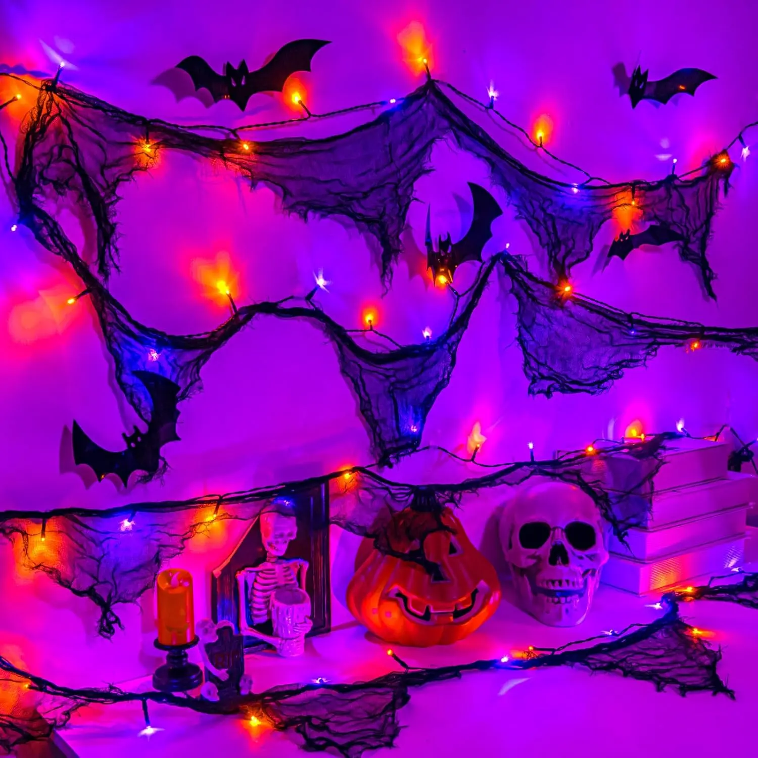 Halloween Lights  Operated or USB, Creepy Cloth String Lights with Timer  9.8ft 30LED Orange and Purple String Lights Halloween Decortions for Fireplace Window Door Mirror