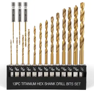 Titanium Twist Drill Bit Set - 16 count Hex Shank High Speed Steel for  Plastic  Alloy, Quick Change, 1/16"-1/4"