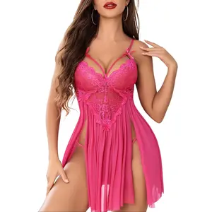 Women Hot Lingerie Lace V Neck Nightgown Mesh Chemise Boudoir Nighty Side Slit Nightwear