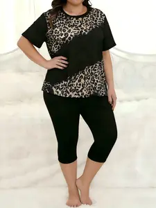 Women's Plaid Patchwork Sleepwear Set, Casual Short Sleeve Seven-Quarter Pants, Loose Fit Home Two-Piece Suit, Spring & Fall