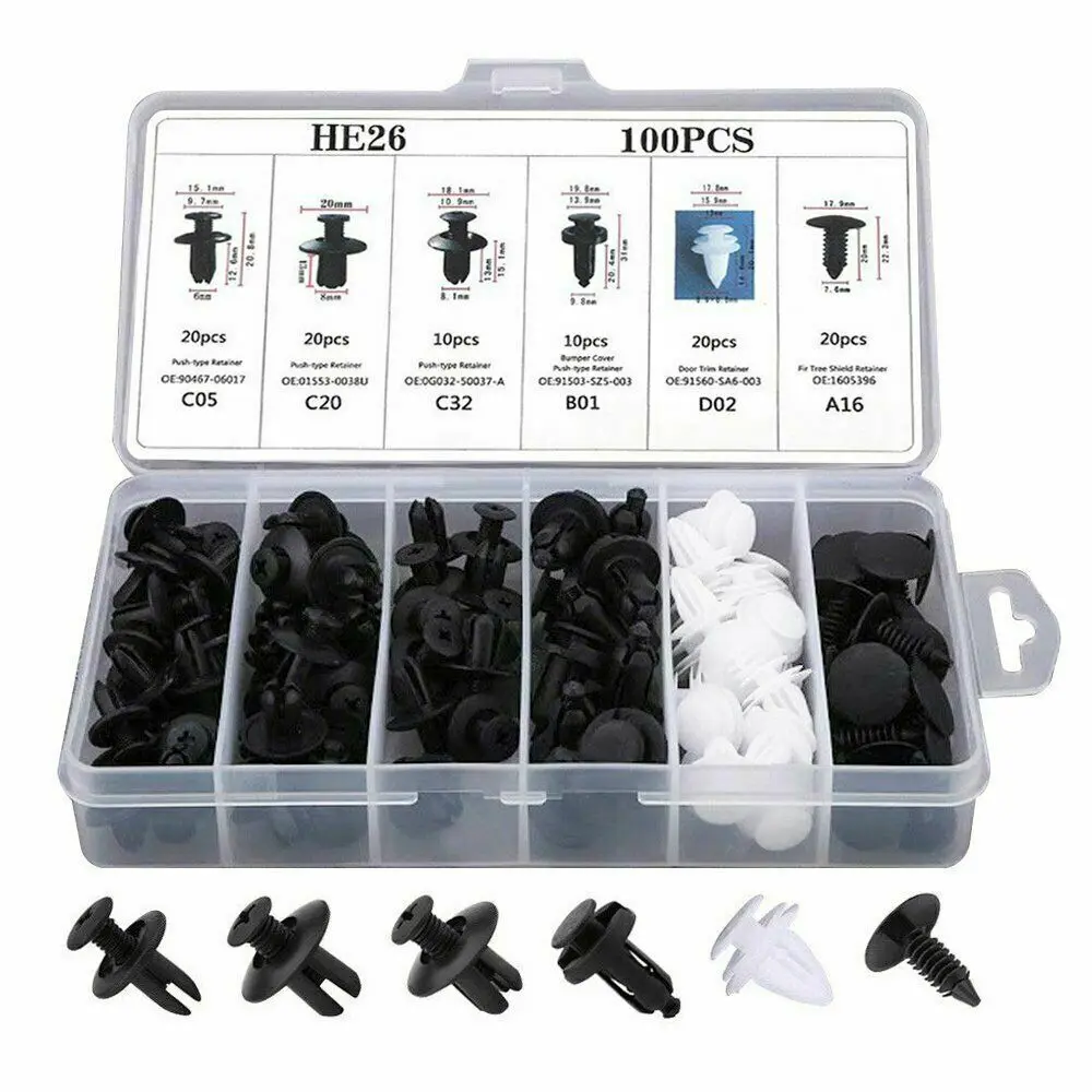 100PCS Car Accessory Retainer Clips Kit - Body Bumper Rivets, Trim Molding Push Pin Fasteners for Automotive Use