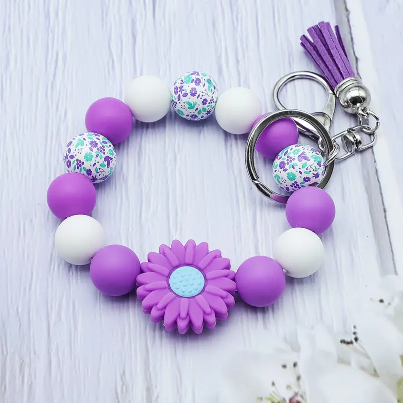 Spring Floral Beaded Wrist Keychain, Macaron Color Classic Beads with Round Flower Pattern, Lightweight Gift for Friends & Mom, Trendy Cute Keychain, Cute Soft Keychains