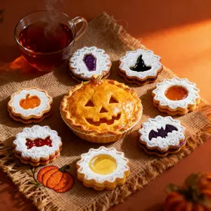 Halloween Linzer Cookie Cutters Set, Food-grade Stainless Steel Biscuit Stencils-Pumpkin Bat Ghost Black Cat Skull Witch Hat Shapes Baking Molds for Day of the Dead Pastry Fondant DIY Baking,Gift for Baking Enthusiast