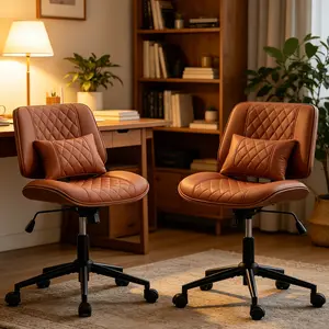 Ergonomic Armless Office Chair with Wheels, Compact Small Desk Chair, Modern Adjustable Height Swivel Computer Chair with Lumbar Pillow for Home Office, PU Leather