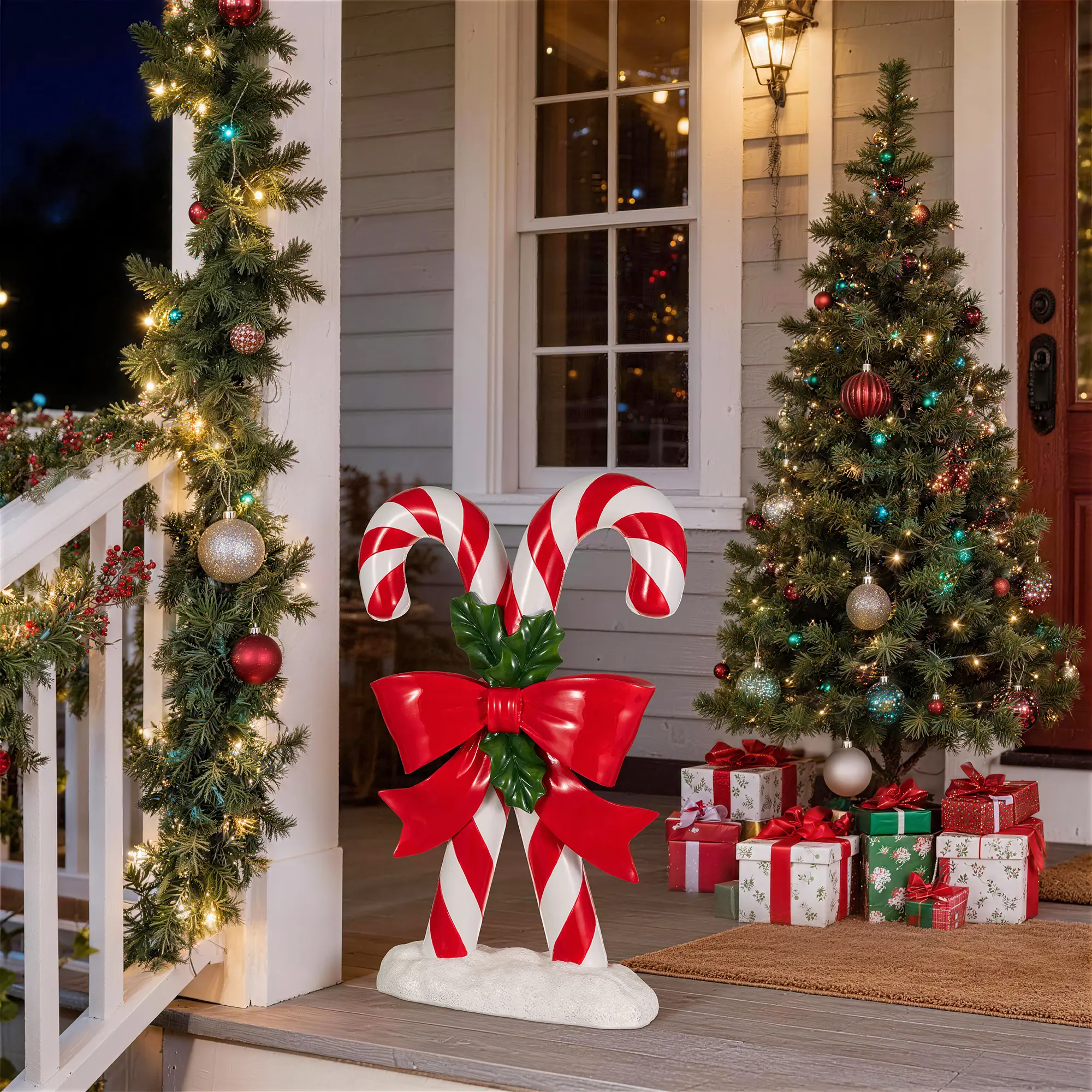 Glitzhome 24"H Glossy Polyresin Candy Cane Decoration, Outdoor Indoor Decorative Festive Porch Piece with Holly for Christmas Party Decorations