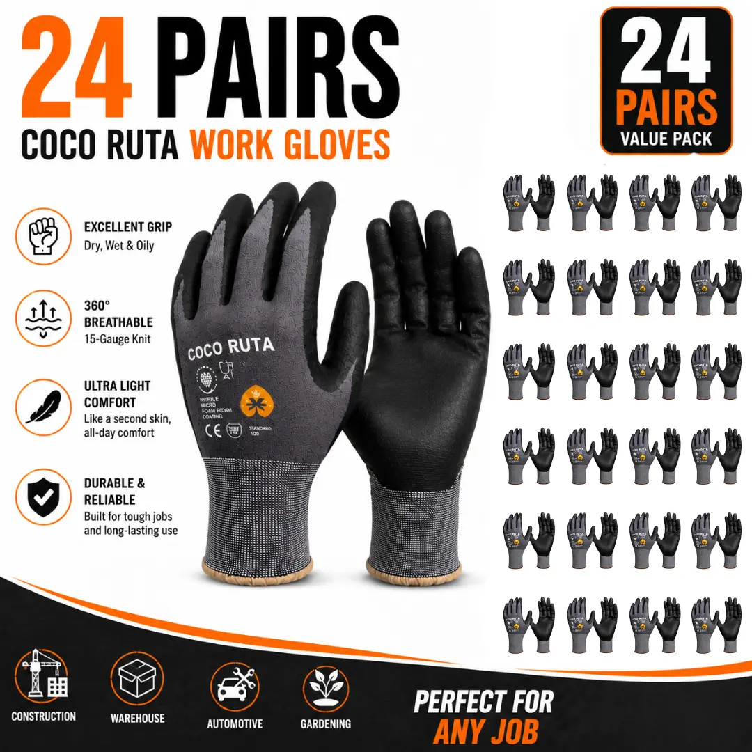 24 Pairs COCO RUTA Gloves 34- 874 Safety Gloves | Guantes Para Trabajo - Coco Ruta Gloves For Men Nitrile Micro Foam Grip Palm Comfortable Fit Construction Gear