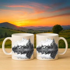 Rustic Mountain Cabin Lake Scene Ceramic Coffee Mug Nature Lover Gift Black and White Sketch Art Forest Landscape Cup for Outdoor Enthusiast Cozy Home Decor | Gifts for Kids | Home Decor | Hot Chocolate | Drinks | Novelty Gifts | Office Mugs |