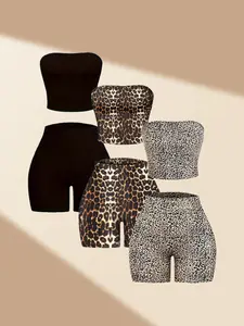 Classic Leopard Print Solid Color Casual Wear Halter Crop Top and Shorts Set, 6 Piece Set, Animal Print Set, Womenswear Women's Summer Outfit, Fashionable and Comfortable