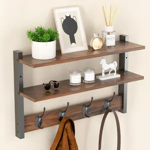 Two-Tier Wall Shelf with Hooks, 17" Coat Rack Wall Mount with Shelf, Key Hooks for Wall with Heavy Duty Double Hooks, Coat Hook Wall Mounted for Bedroom, Living Room, Rustic Brown