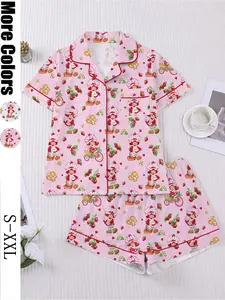 Women's Strawberry Cartoon Print Sleepwear Loungewear Set, Short Sleeve Button-Up Top & Elastic Shorts, Casual Home Wear for Daily Use