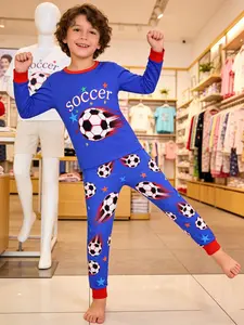 Boys Round Neck Long Sleeves Pyjamas Set, Flame Football Print Sleepwear, Casual Comfortable Home Wear, 2 Piece Set, All Seasons