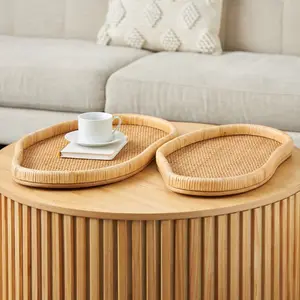Set of 2 Brown Rattan Handmade Woven Living Room Decor Tray