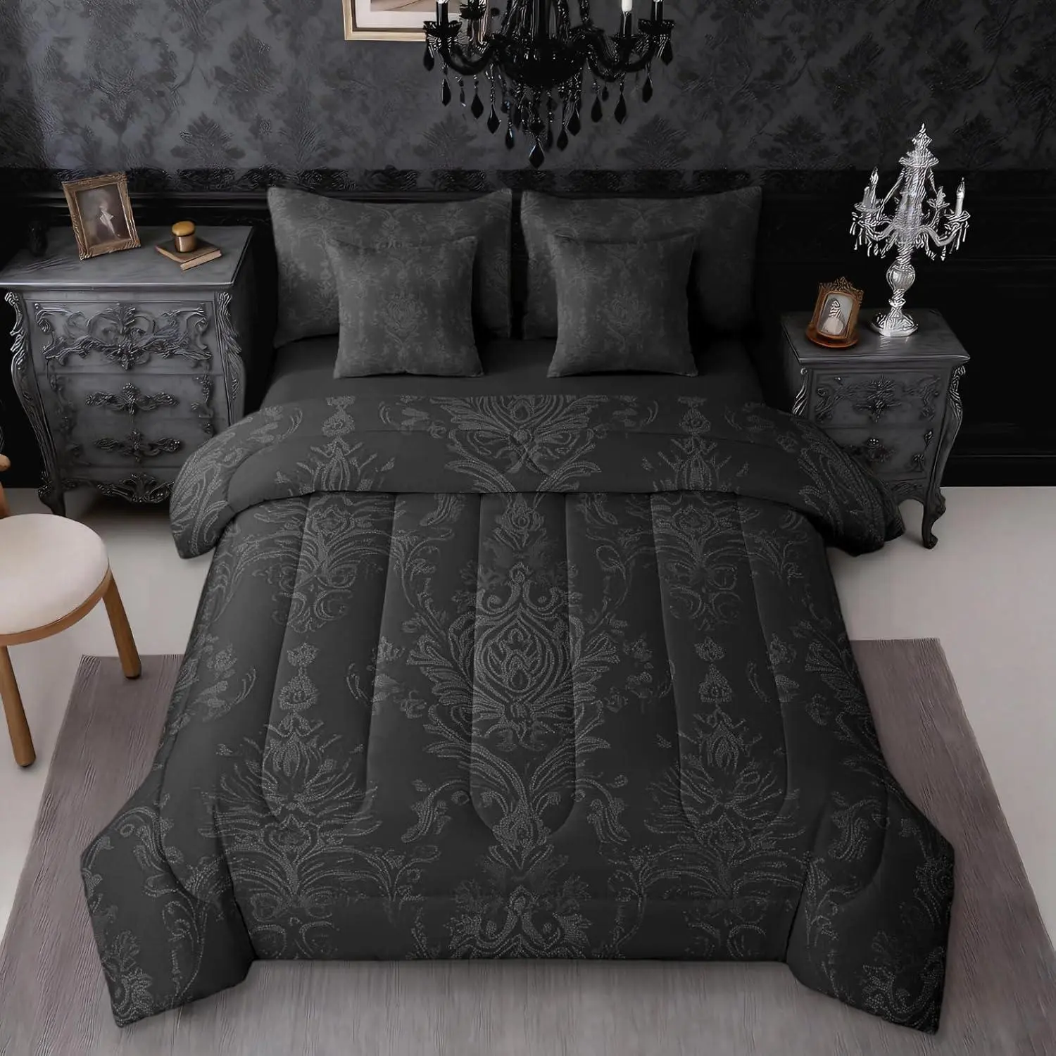 Feelyou 7-Piece Black Damask Print Bedding Set - Ultra Soft Microfiber Luxe Antique Gothic Comforter Bed Set, Vintage Floral Sheet Bedroom Decor, Multi-Size, Seven Pieces