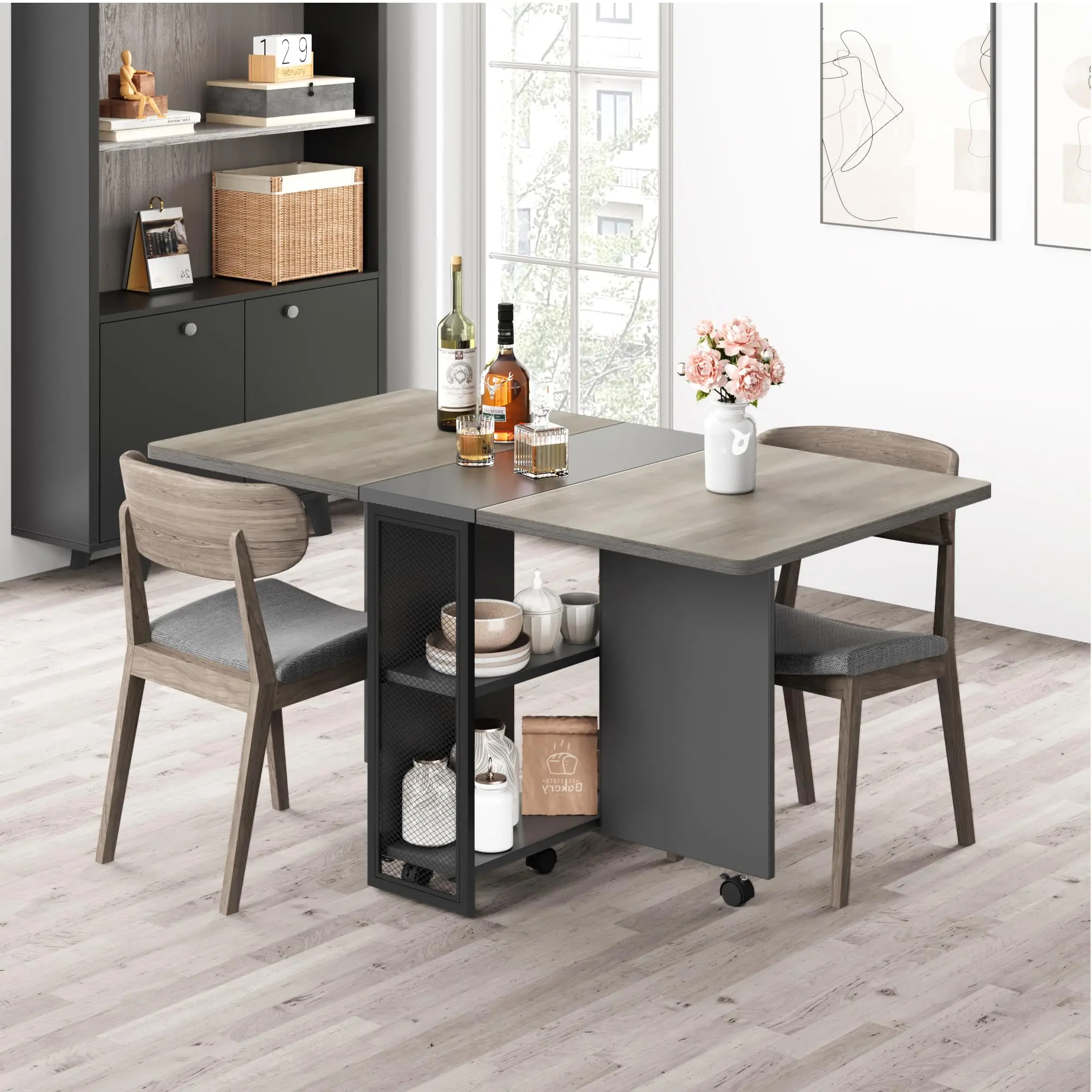 Space Saving Farmhouse Folding Dining Table for 4, Expandable Drop Leaf Kitchen Table with Storage Shelf & 6 Wheels – Ideal for Small Spaces