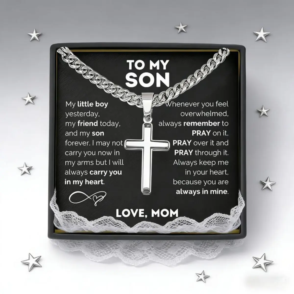 Classic Engraved "To My Son" Customized Stainless Steel Cross Emblem Necklace Set - Adjustable, Personalized Engraving Nameplate, Chain Jewelry, Gift-Ready with Greeting Card, Gift Box for Winter Gifting, Personalized Engraving Necklaces, Customized Neckl