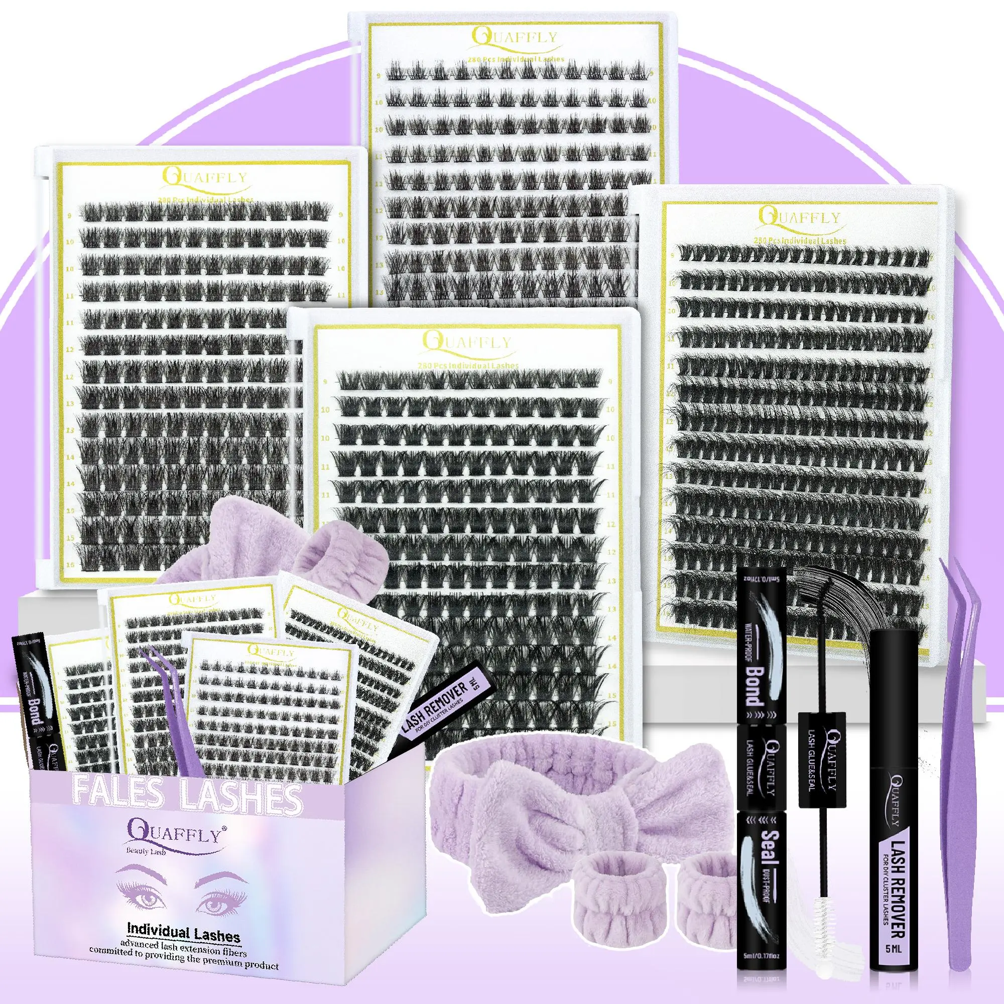 Eyelash Extension Kit, DIY Eyelash Extensions, 1 Box Individual False Lashes with Glue, Remover, Tweezers, Headband and Wristband, Eye Makeup Enhancement Tool for Women, Cosmetic, Eyelash Enhancing Set
