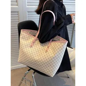 Women's Elegant Beige Geometric Pattern Stylish Tote Bag, Fashionable Large Capacity Shoulder Bag for Women, Casual Trendy Versatile High-quality Daily Commuter Tote Bag, Casual Shopping Bag