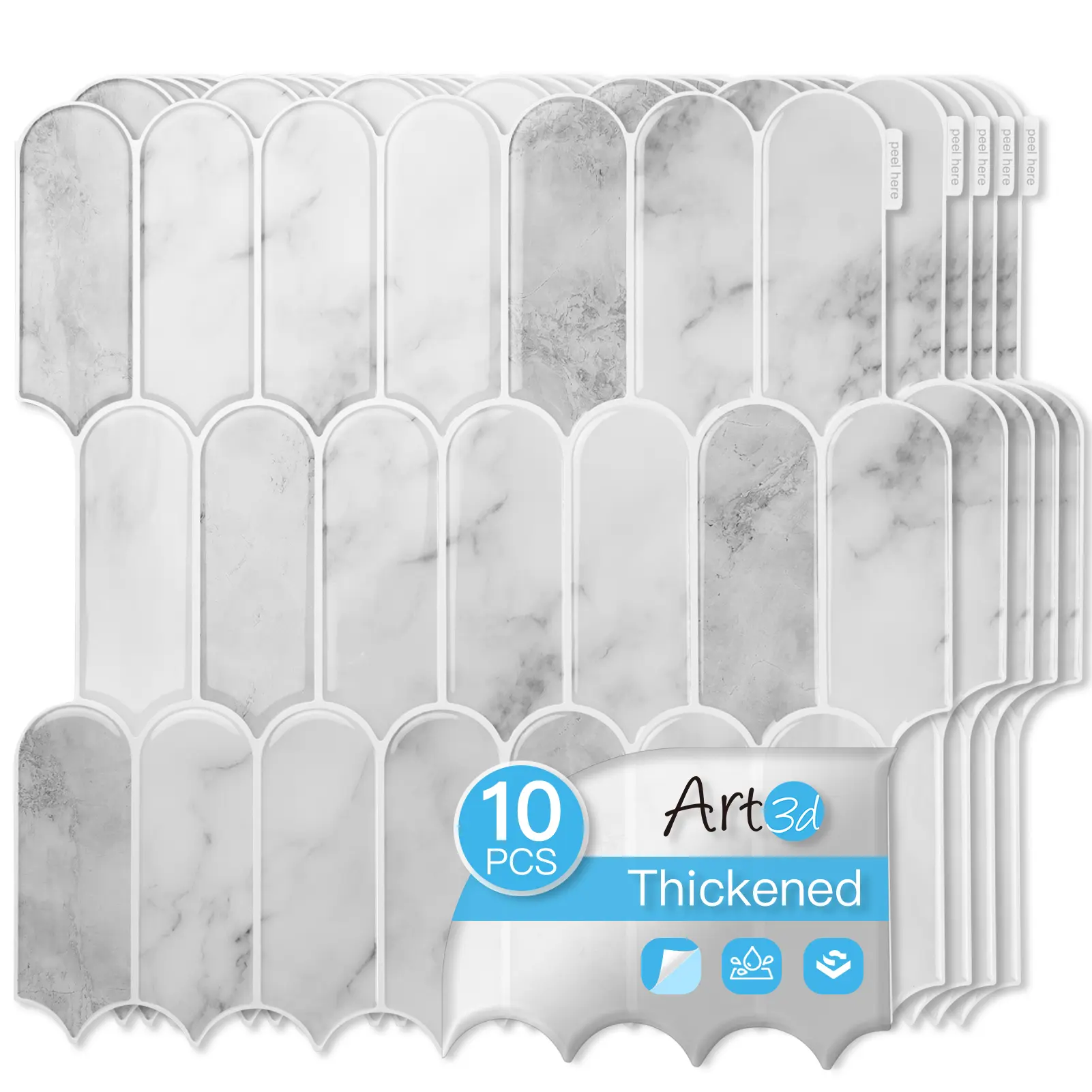 Art3d Modern Decorative Marble Tiles Sticker - 10-Pack 12"x12" Peel & Stick Thick Vinyl Backsplash, Strong Hold No Residue for Kitchen & Bathroom Decoration