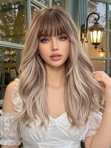 Ash Blonde Long Wavy Wig with Fringe | Heat Resistant Fiber 🔥 Loose Wave Style
