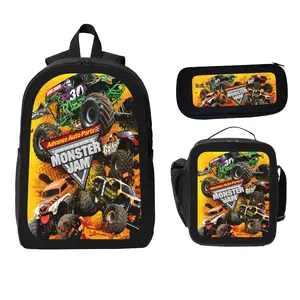 Monster Jam 3-Pcs Polyester Backpack Set Large Capacity Lightweight Backpack Lunch Bag Pencil Case with Monster Truck Print Back to School Travel Gift for Kids Students