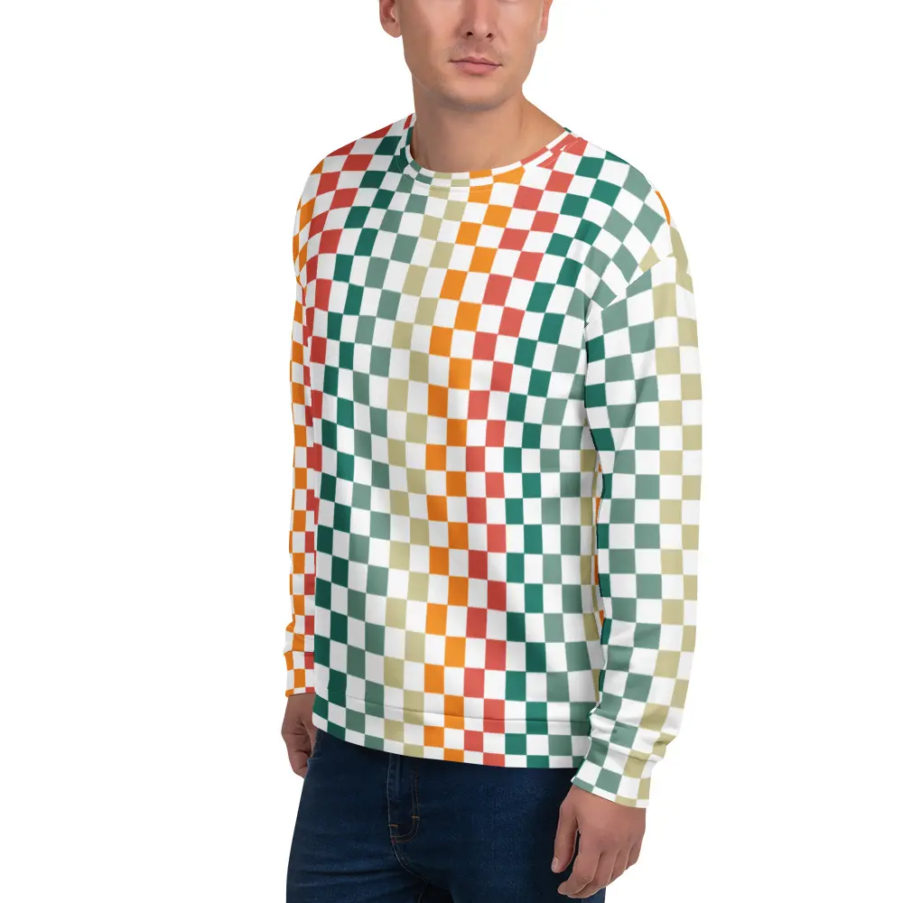 Warped Checkerboard Sweatshirt, Retro Multicolor Checkered Crewneck, Vintage Wavy Grid Print Pullover, Unisex Long Sleeve Sweatshirt, Trendy Streetwear Top, Casual Fall Sweater, Gift for Him