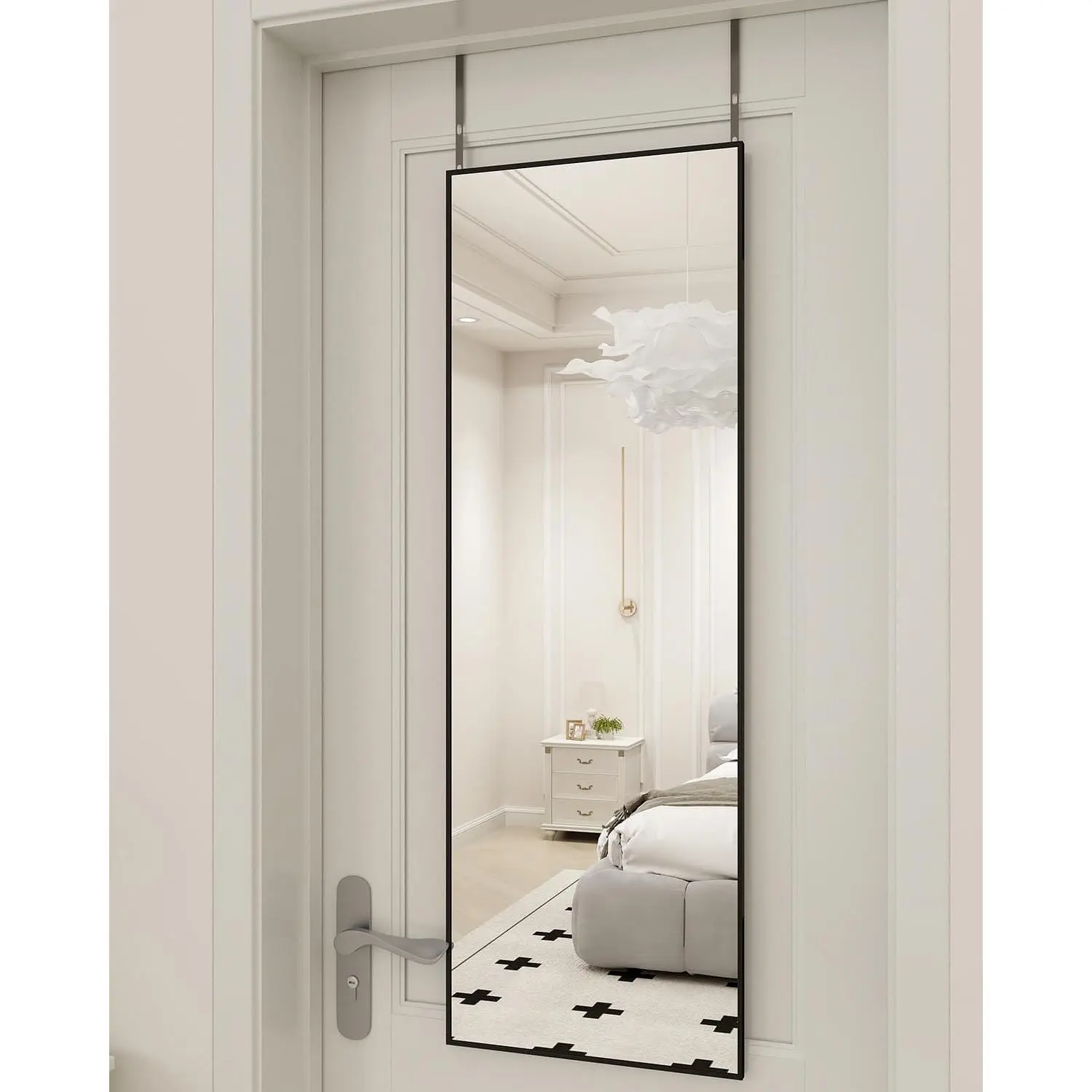 16" x 50" Adjustable Height Over The Door Mirror, Full Length  Door Mirror with Shatterproof Tempered Glass  Alloy Frame for Bedroom, Living Room, Bathroom, Dorm, Black