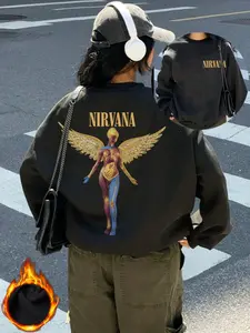 "Nirvana" rock imagery Print pattern with wings and anatomy interwoven with letters, casual retro long-sleeved Knit pullover, round neck casual sports Fitted women's pullover sweatshirt, autumn and winter plus velvet women's clothing Womenswear