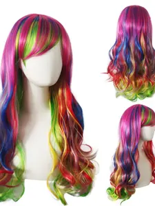 Cosplay Anime Wig Rainbow Hair Set Seven Color Harajuku Gradient Bangs Long Curly Hairpiece, Fashionable Cosplay Accessory