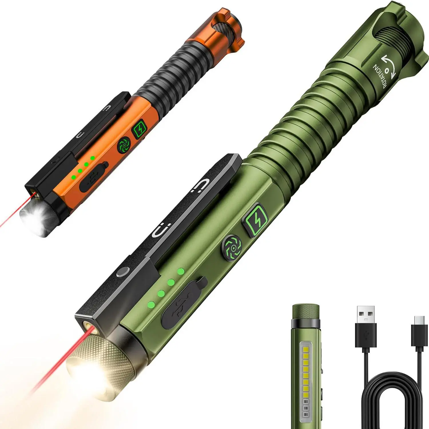 Magnetic LED Flashlight, 800 Lumen Rechargeable Flashlight, Laser Pointer, Hands-Free, USB Charging Cable, Super Bright Flashlight, for Work and Outdoor