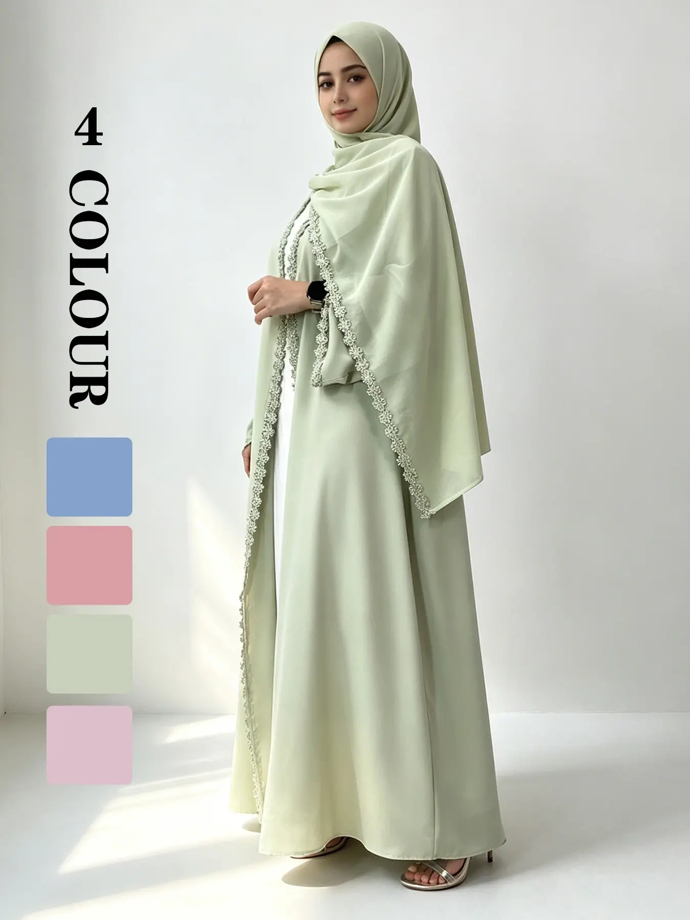 Rustic Lace Islamic Abaya with Hijab, Soft Polyester Fabric Long Sleeve Outerwear for Daily Wear & Gatherings, Elegant Islamic Clothing, Inner Modest Abaya Not Included