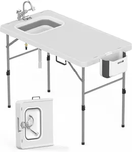 Folding Fish Cleaning Table with Sink & Hose Hookup, 50" Outdoor Camping Sink Table Portable for Fishing, Hunting, RV, Backyard, Made of Steel Frame & PE Basin, Easy to Clean and Store