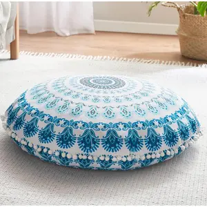 Meditation Floor Pillow, Round Large Pillows Seating for Adults, Bohemian Mandala Circle Cushion for Outdoor Fireplace Yoga Living Room, 32 Inch, Memory  Added, Aqua