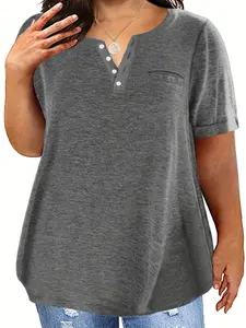 Plus Size Plain Buttons Pocket Round Neck Tee, Summer Clothes Women, Casual Fashion Short Sleeve T-Shirt for Summer, Women's Plus Clothing for Daily Wear