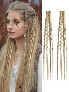 20 Inch Boho Dreadlock Clip-In Braids for Women, 2pcs Handmade Synthetic Hair Extensions, Synthetic Bohemian Hair, Braided Pieces with Beads & Charms