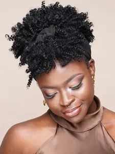Short Coily Headband Wigs for Women, 8 Inch Gorgeous Fluffy Glueless Wigs with Headband, Synthetic Full Machine Afro Kinky Curly Texture Wigs for Party, Coily Textured Wigs