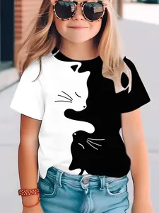 Adorable Cat Pattern Kids Short Sleeve T-Shirt, Patchwork Design, Comfortable Breathable, Daily Wear, Fashionable and Cute, Graphic Tees