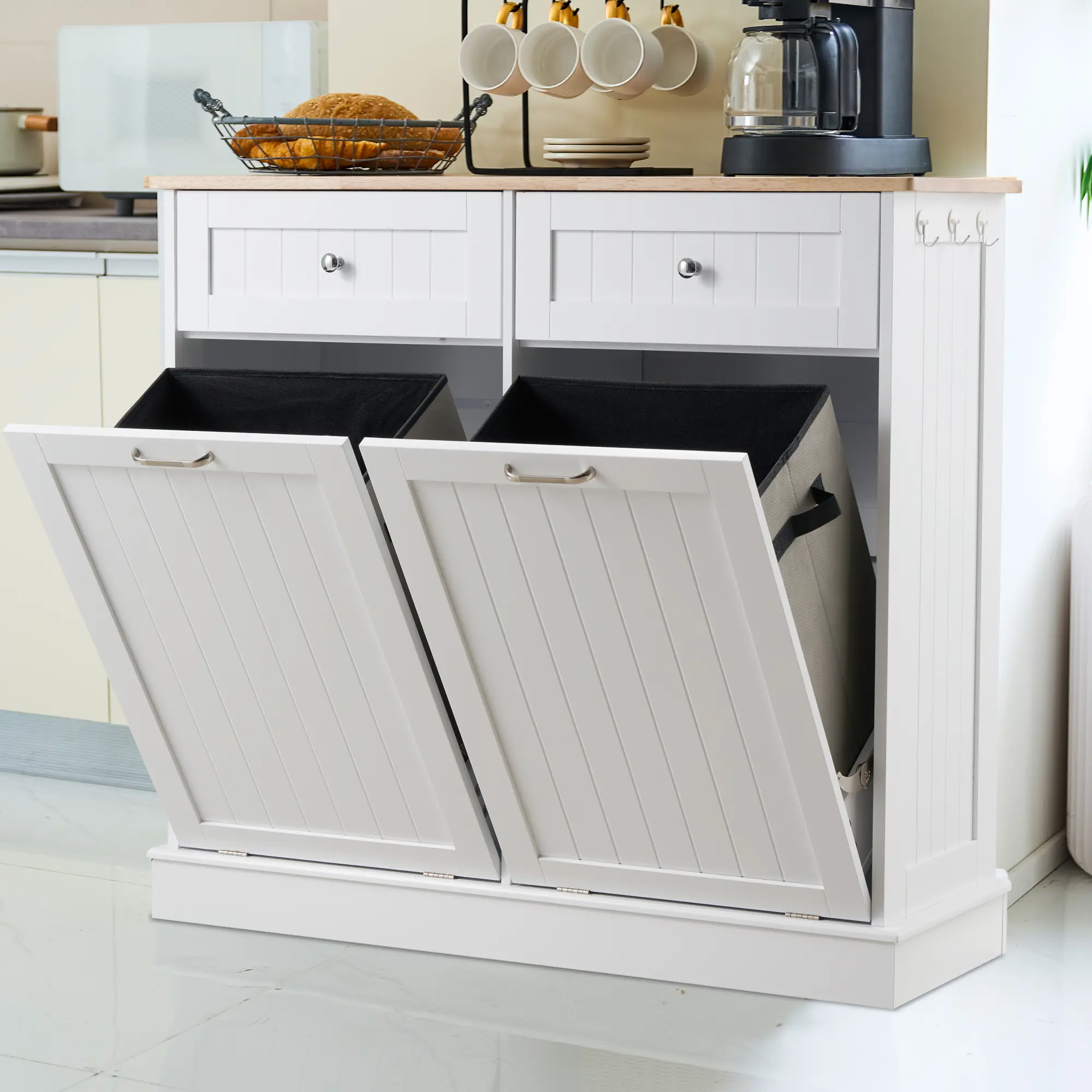 AHB Freestanding Modern Double Tilt-Out Trash Cabinet - Multifunctional Cupboard, Floor Standing Freestanding Storage Cupboard with Hideaway Drawers, 2x13-Gal Pet-Proof Bins, Modern Storage for Kitchen, Laundry Home Organization, Modern Storage Cabinets h