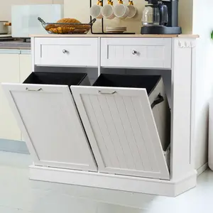 【Does Not Include Trash Can】AHB Double Tilt Out Trash Cabinet Free Standing Recycling Trash Cabinet with Hideaway Drawers, 2x13 Gallons Pet Proof Trash Can Cabinet for Kitchen Living Room