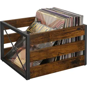 Large LP Vinyl Record Storage Crate, Metal & Wooden Record Holder, Cube Record Organizer Box, Holds up to 80+ Records