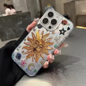 A phone case with a sun, moon, and stars pattern made of gaucho material for the iPhone 17 16 15 14 13 12 11 PRO MAX PLUS AIR and 16E AIR XS MAX Series. Ideal as a birthday gift for a girlfriend