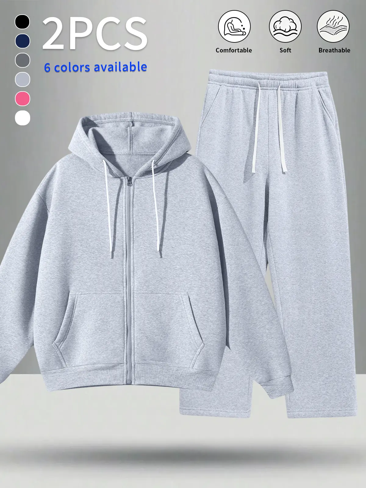 Men's suit, men's sports set, men's two-piece set. Soft, skin-friendly casual sports two-piece set featuring a hooded cardigan sweatshirt and straight sweatpants with an elastic drawstring; relaxed fit, solid color—versatile and easy to match across style