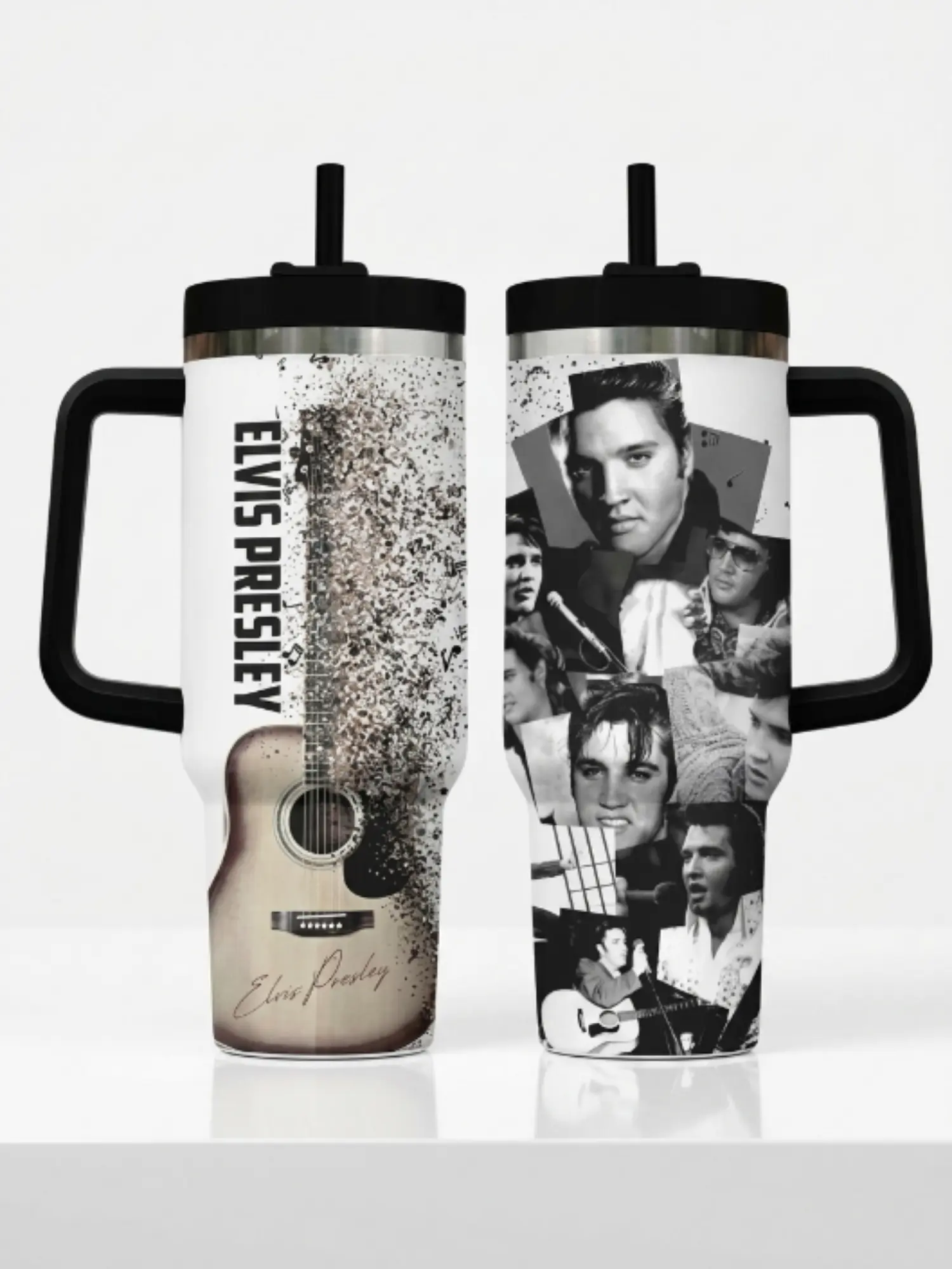 Retro Printed Elvis Presley Legends Insulated Stainless Steel Tumbler (20oz/40oz) - With Handle, Lid - Insulation Feature - Casual, Work, Family Use Rock and Roll Fan Home Supplies Drinkware Gift